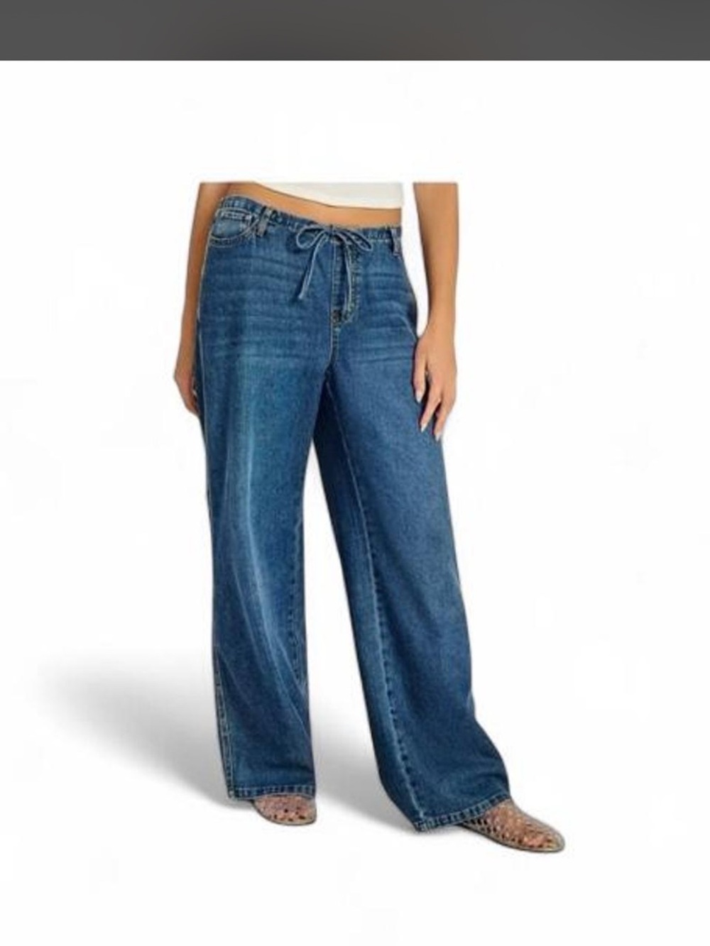 No Boundaries Women's Wide Leg Drawstring Jeans - Blue